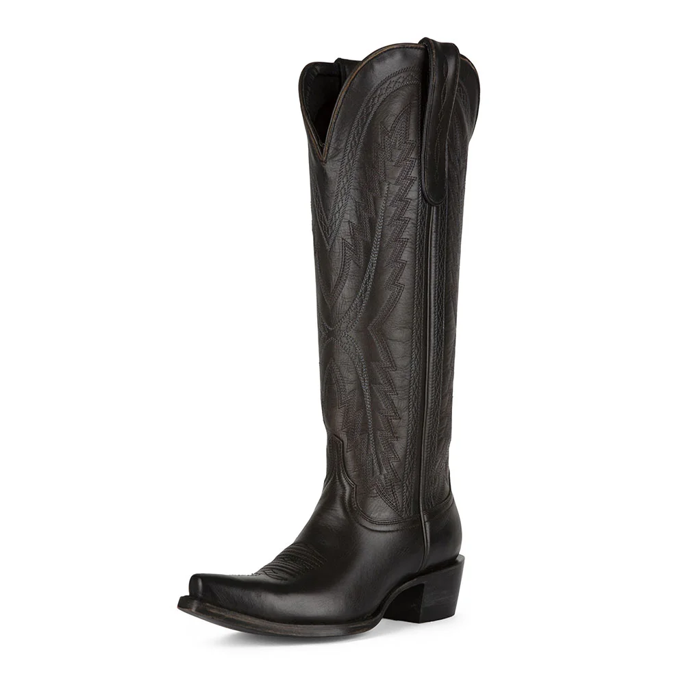 Black Snip Toe Embroidered Chunky Heel Over The Knee Cowgirl Boots