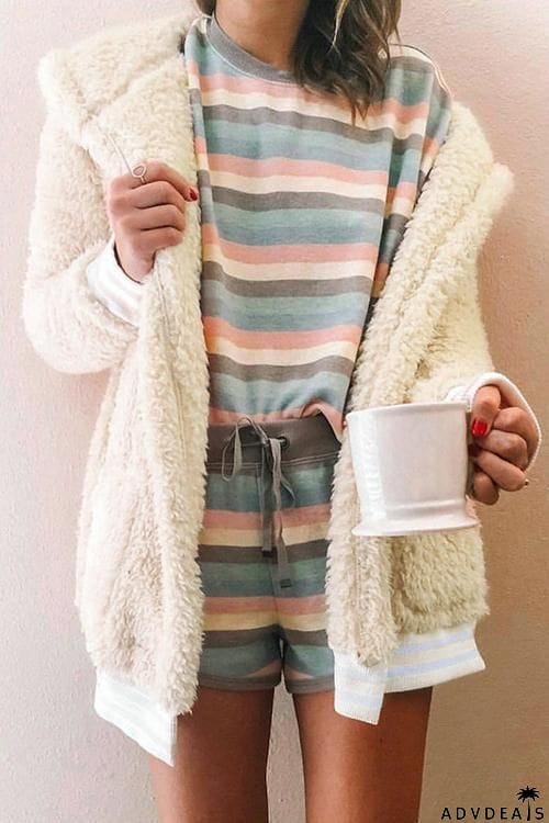 Pockets Stripe Fuzzy Coat