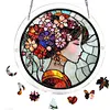 (25cm)DIY Acrylic Jigsaw Puzzle Window Hanging with Hanging Chain DIY Stained Glass Decoration Round Window Puzzle Decor for DIY Craft Project (Stained Glass Floral Lady)