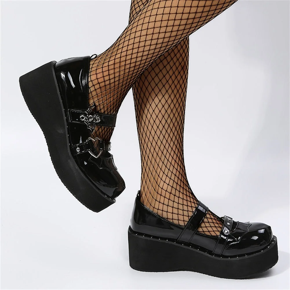 Vstacam Halloween Brand New Designer Lolita Girls Shoes Mary Janes Platform Wedges Heels Buckle Rivet Sweet Pumps Women Goth Punk Shoes Big Size