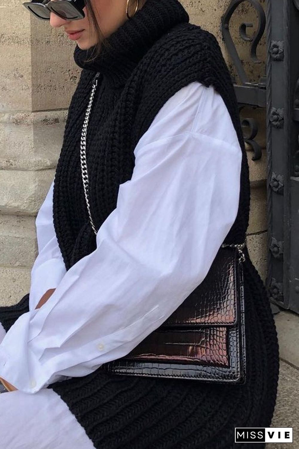 Turndown Collar Sleeveless Casual Sweater