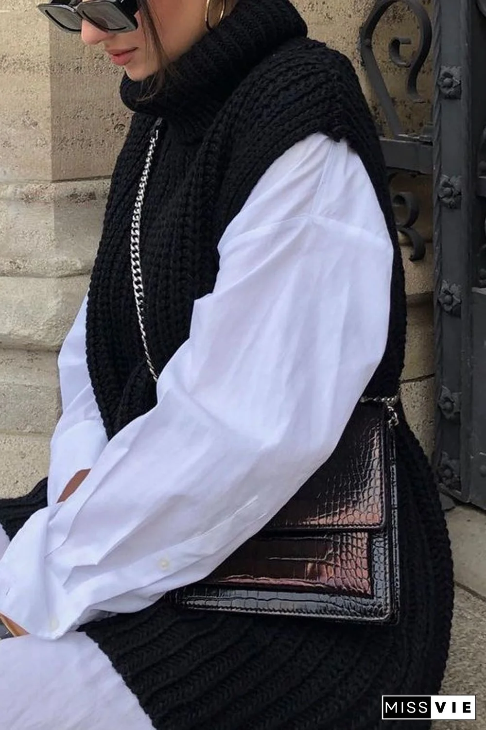 Turndown Collar Sleeveless Casual Sweater