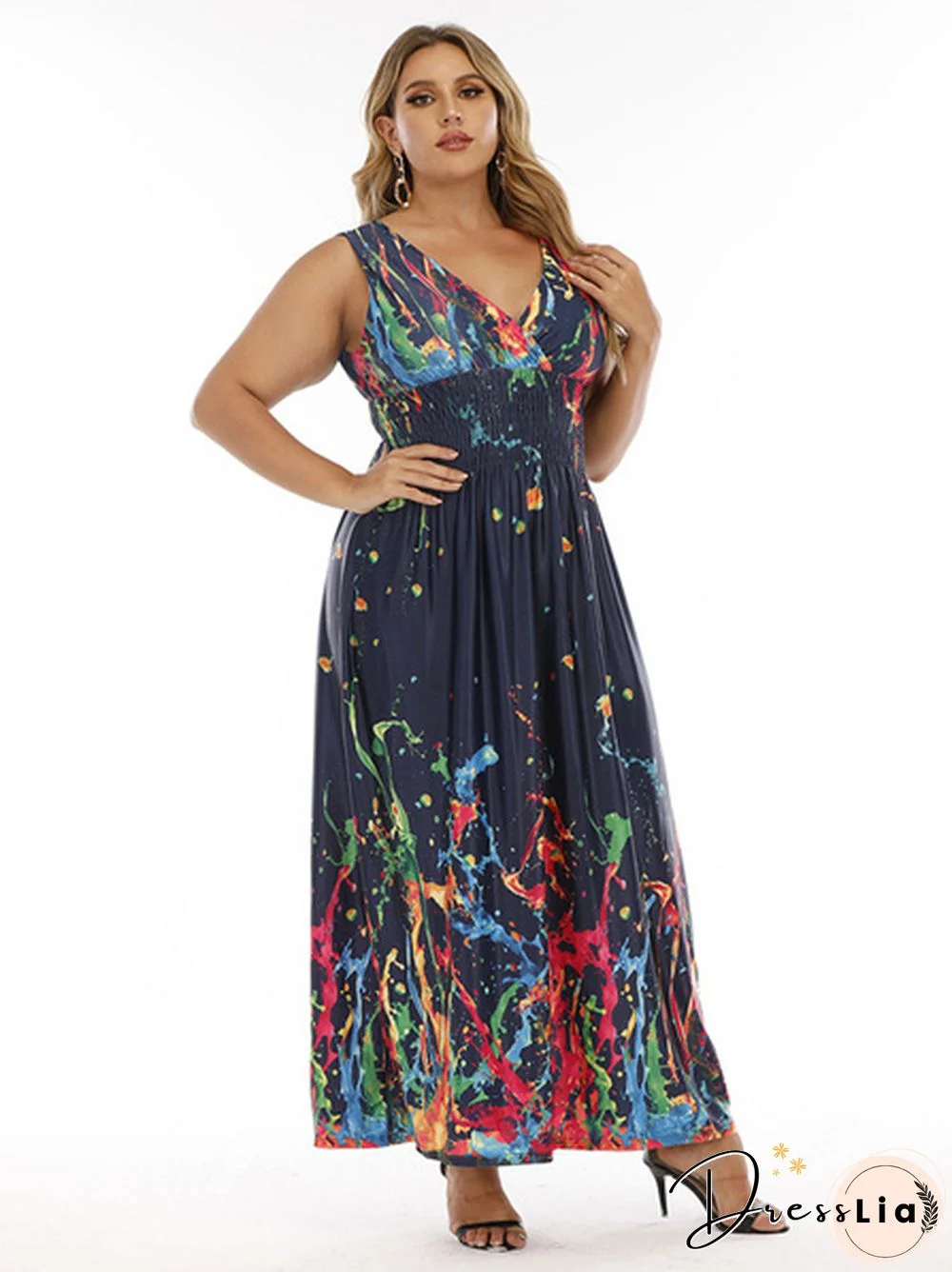Plus Size Double V-Neck Print Smocked Waist Maxi Dress