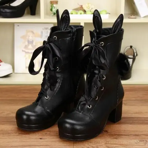 VCshoes Women Mori Girl Motorcycle Boots Lady Lolita Short Ankle Boots Woman High Heels Pumps Platform Shoes Rabbit Ears