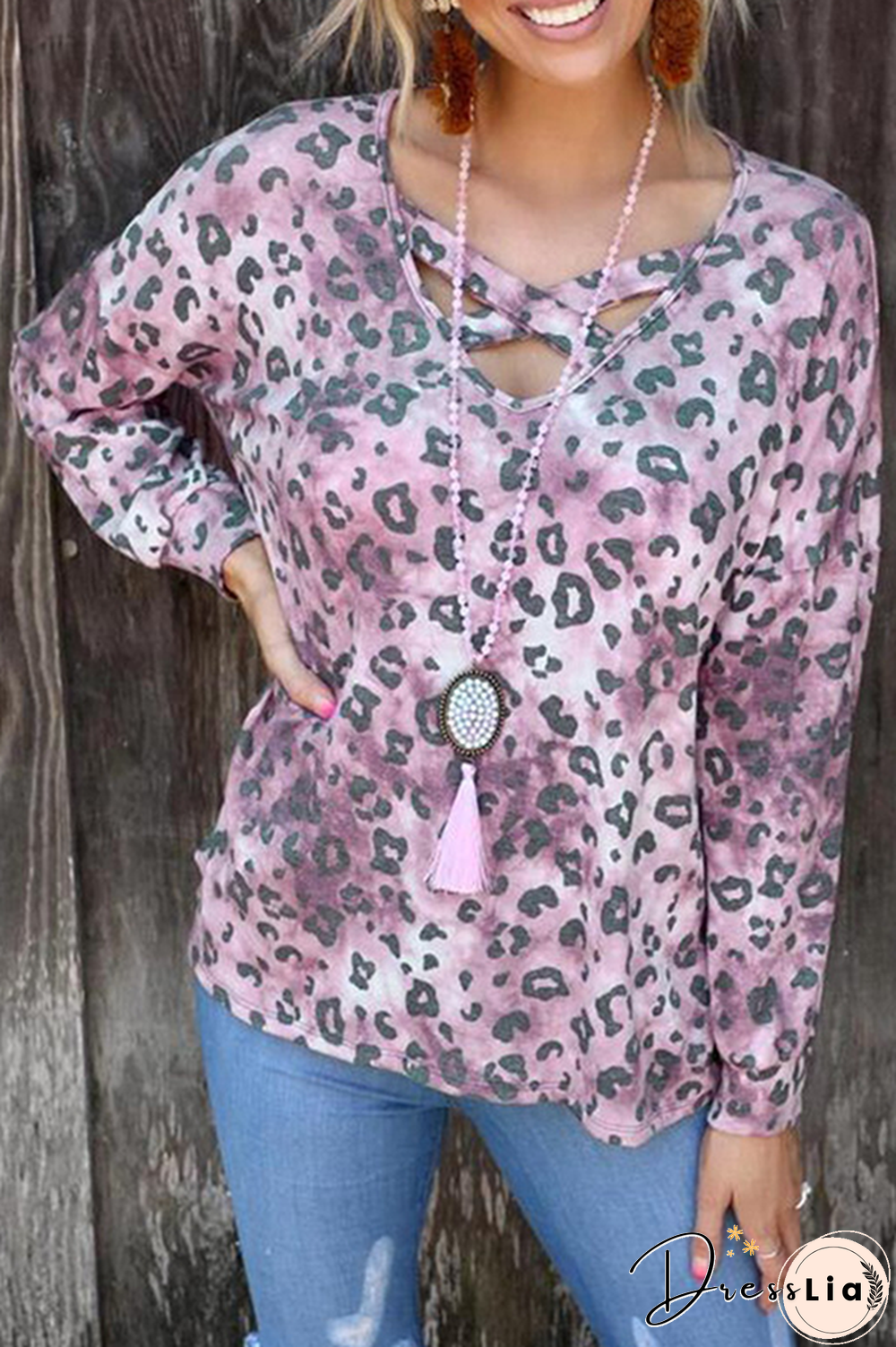 Casual Leopard Hollowed Out Split Joint V Neck Tops(3 colors)