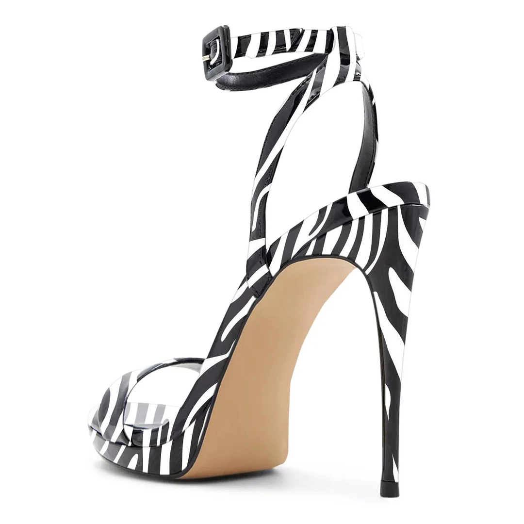 Black & White Zebra Print Stiletto Heel Ankle Strap Summer Sandals