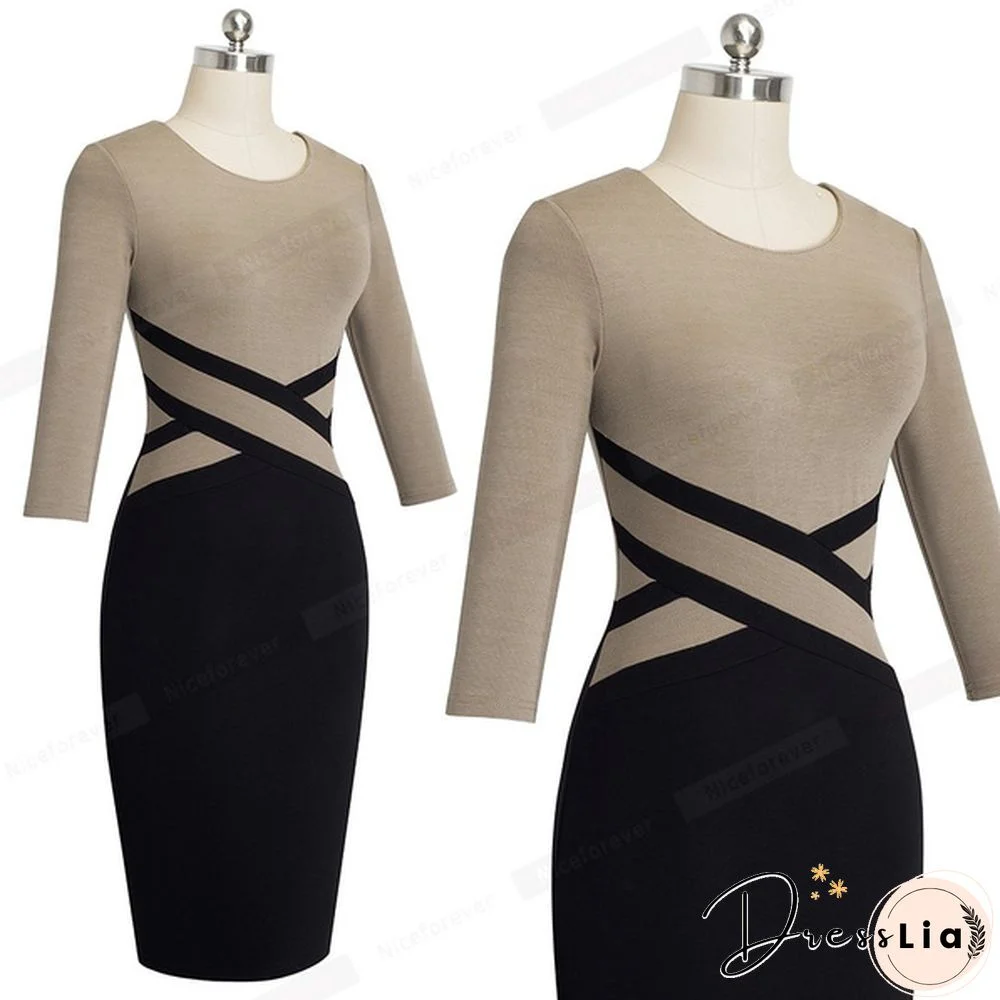 New Ladies Vintage Elegant Contrast Color Patchwork Wear To Work Vestidos Business Party Office Women Bodycon Dress