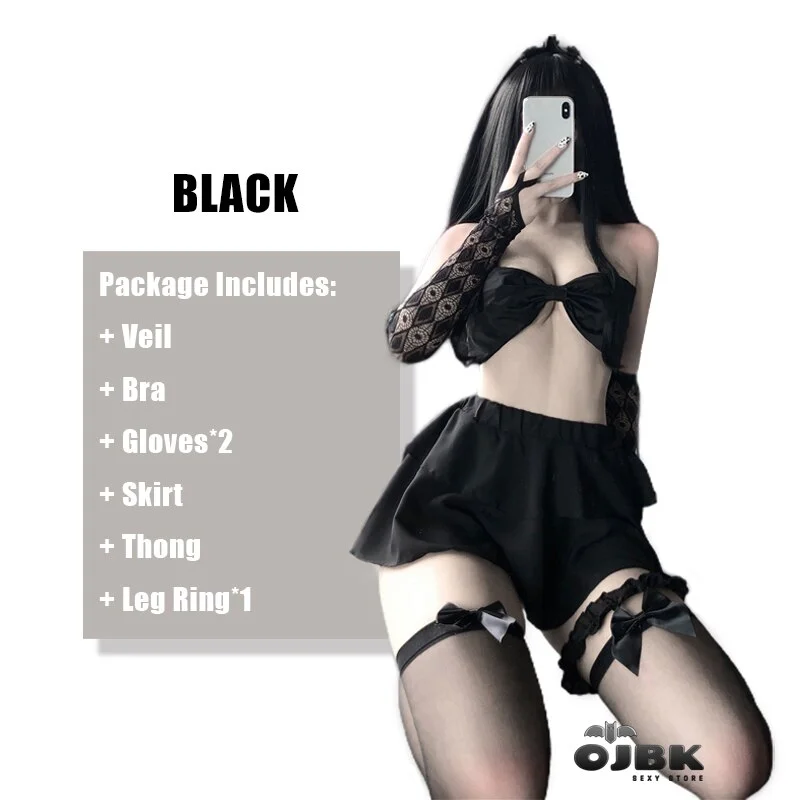 Billionm OJBK Women Wedding Dress Sexy Bride Cosplay Outfit Solid Color Black White With Elegant Veil Mini Skirt Halter Bow-Knot Bra New