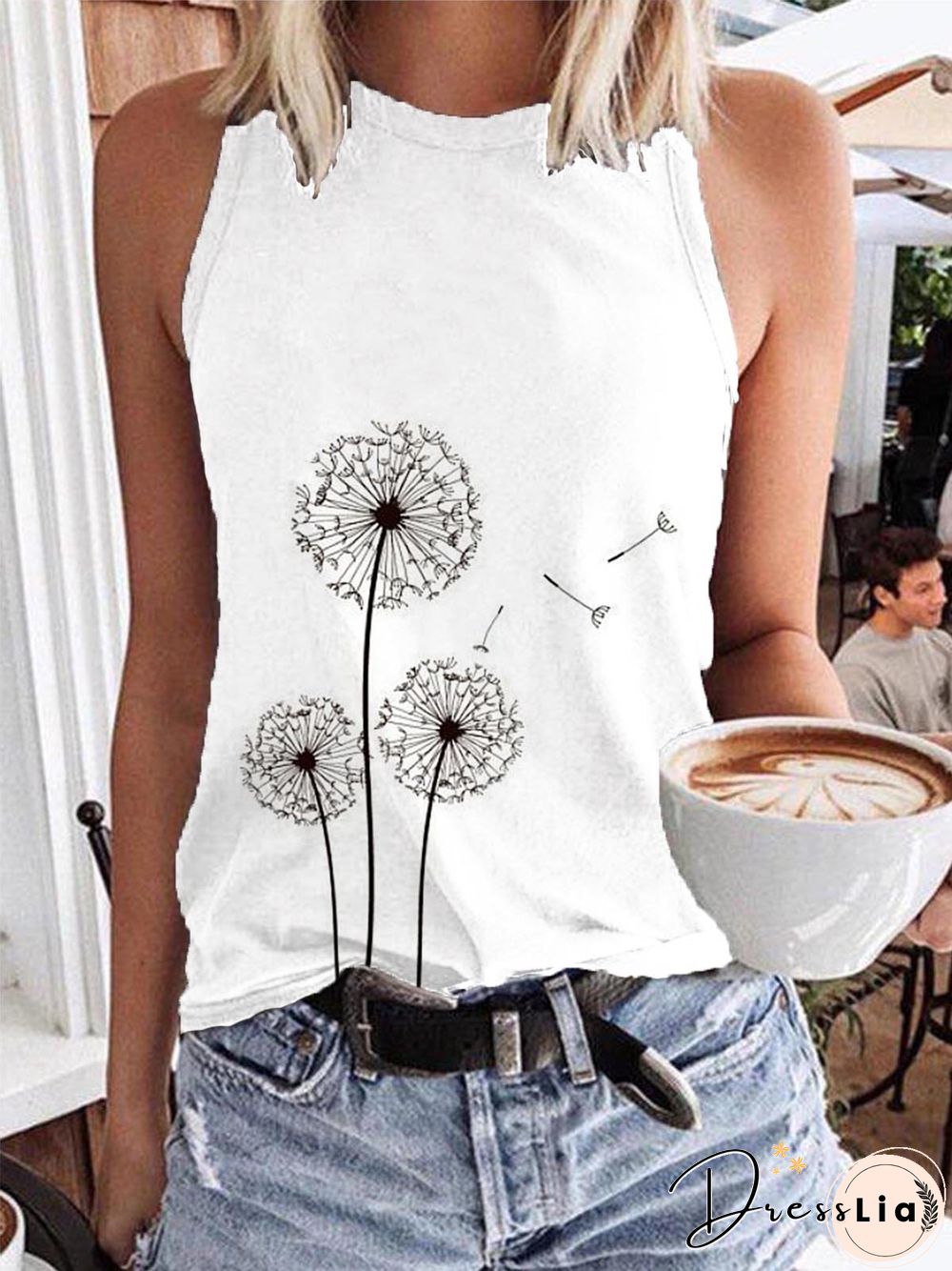Crew Neck Plants Sexy Sleeveless Tops
