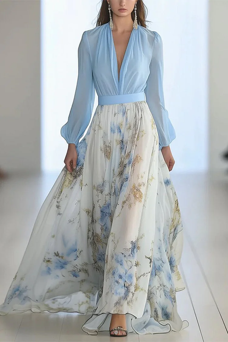 Semi Formal Blue Chiffon Floral Print Long Sleeve Tunic Maxi Dress