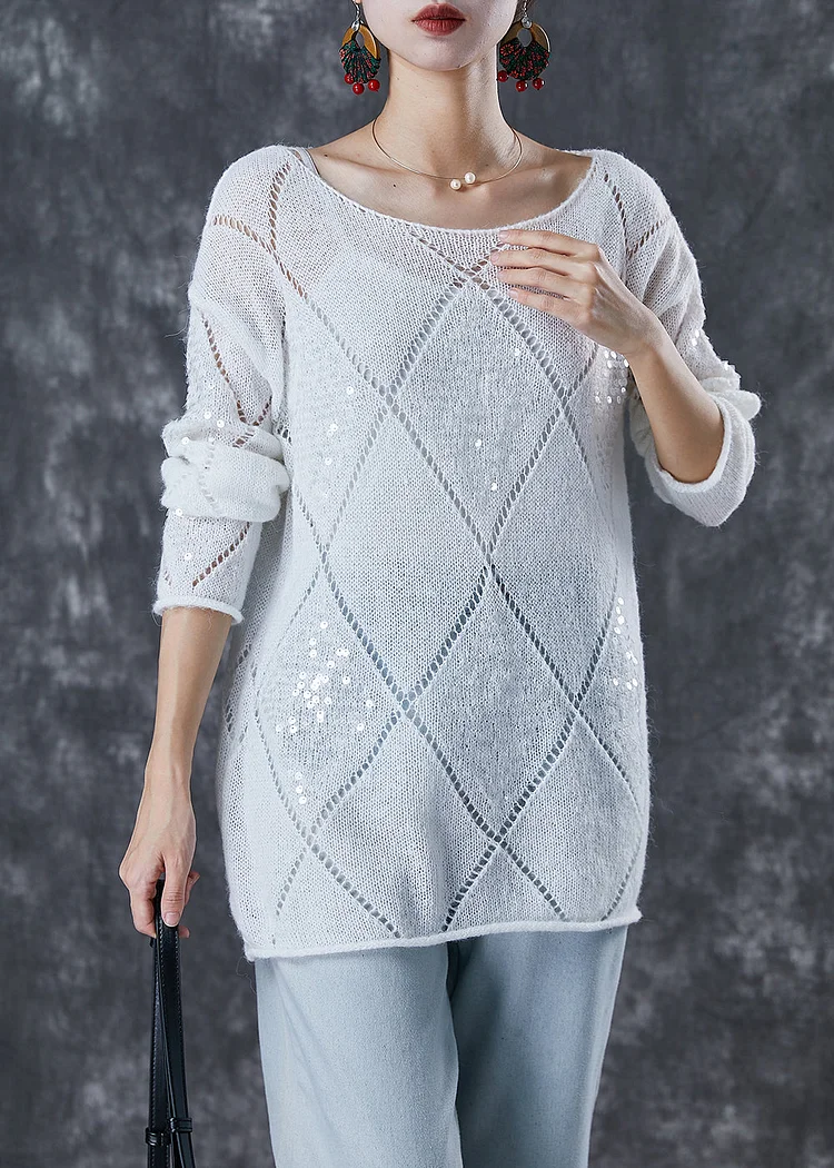 Bohemian White Sequins Hollow Out Knit Sweater Fall