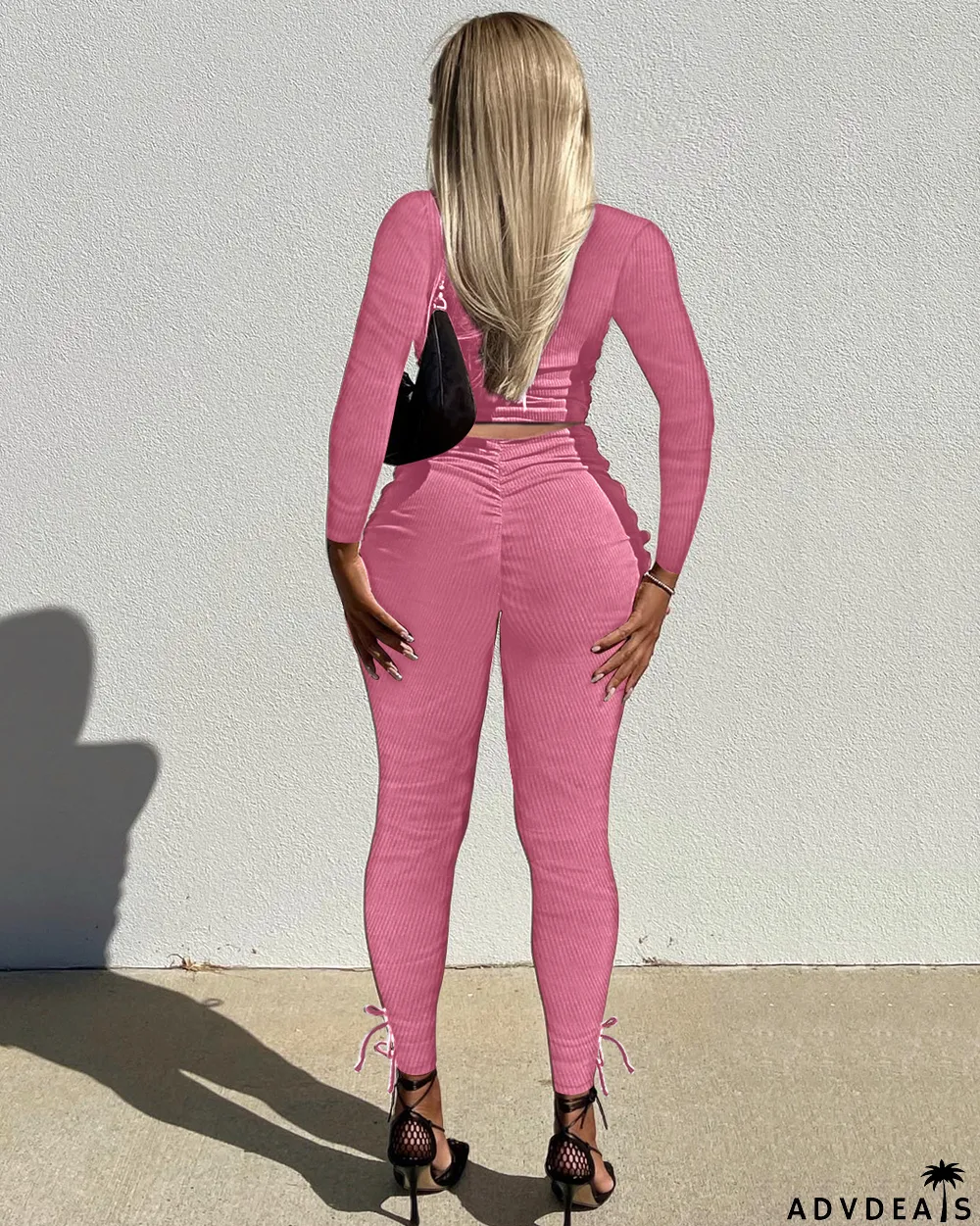 Solid Long Sleeve Stacked Pants 2 Piece Sets