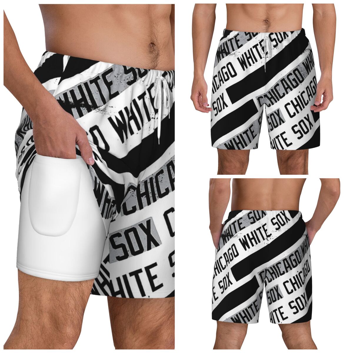 Chicago White Sox Text Pattern Men's Swim Trunks with Compression Liner