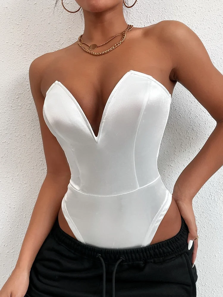 Articat V Neck Strapless Bodysuits Sleeveless Sexy Slim Bodycon Jumpsuit 2021 Fashion Elegant Crotch Basic White Overalls Top