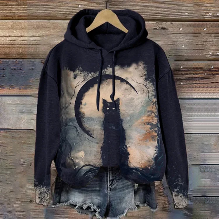 VChics Halloween Vintage Cat Drawstring Hoodie