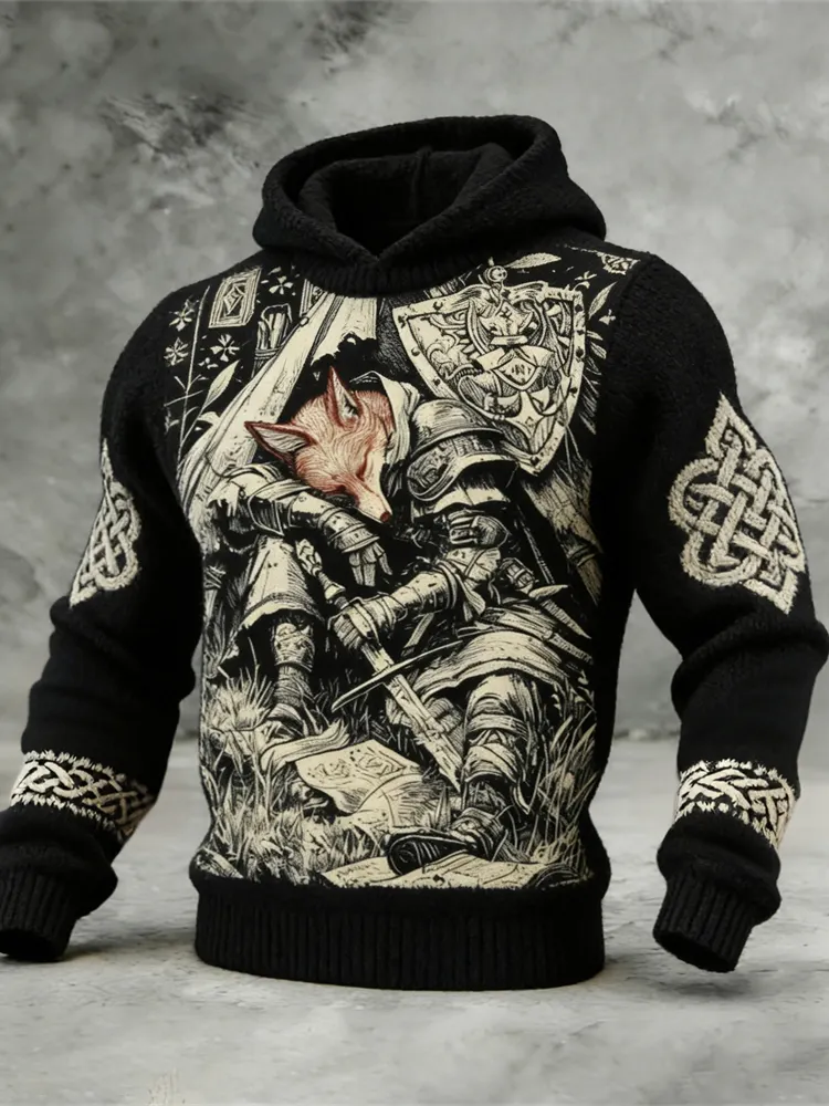 Viking Fox Animal Warrior Art Men's Knit Hooded Sweater