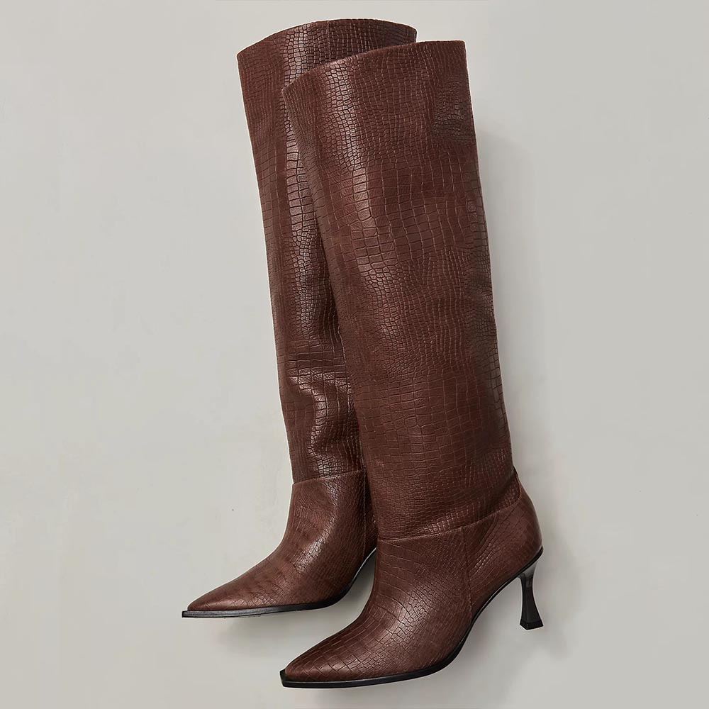 Brown Snip Toe 3'' Kitten Heel Wide Calf Croc Embossed Knee High Boots Nicepairs