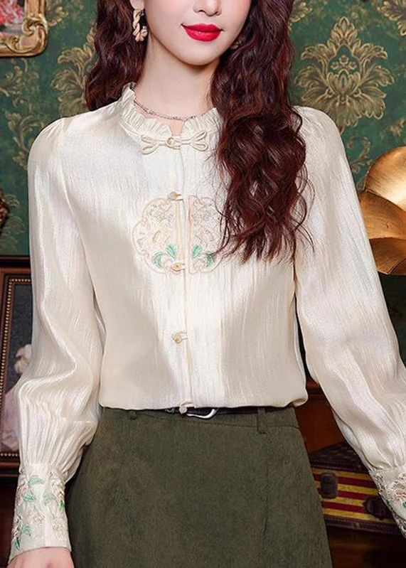 Natural Apricot Embroidered Floral Button Chiffon Shirt Puff Sleeve