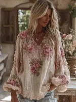 Women's Vintage Pink Floral Art Print Flowy Linen Blend Casual V Neck Tops