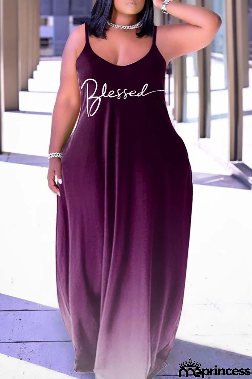 Dark Purple Sexy Casual Print Backless Spaghetti Strap Long Dress Dresses