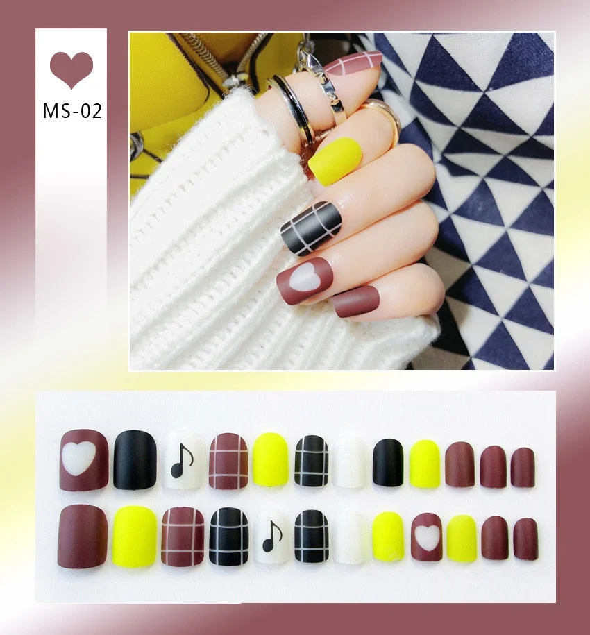 24pcs Matte False Nail Press On Nail With Glue Round Graffiti Fake Nail Manicure Nail Art Decoration  Nail Art Tools-Nail Inspo