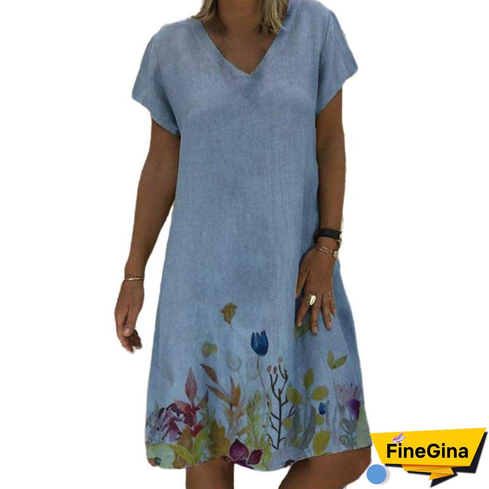 Short Sleeve V Neck Printed Beach Dress