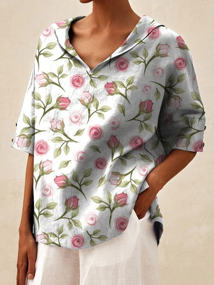 Women's Vintage Flower Print Casual Linen V-neck Shirt