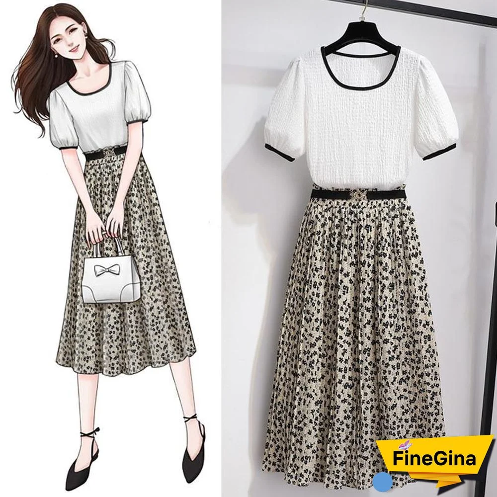 Solid Color Tee+Floral Skirt P15089