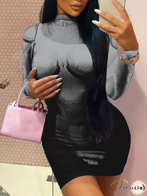 Slim High Neck Long Sleeve Printed Mini Dress