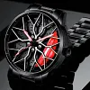 New Car Wheel Rim Watch With Scroll Creative Fashion Analog Watch, Black Dial Zinc Alloy Case Men's Watch, Stainless Steel Black Strap, Quartz Movement, Waterproof And Scratch-Resistant