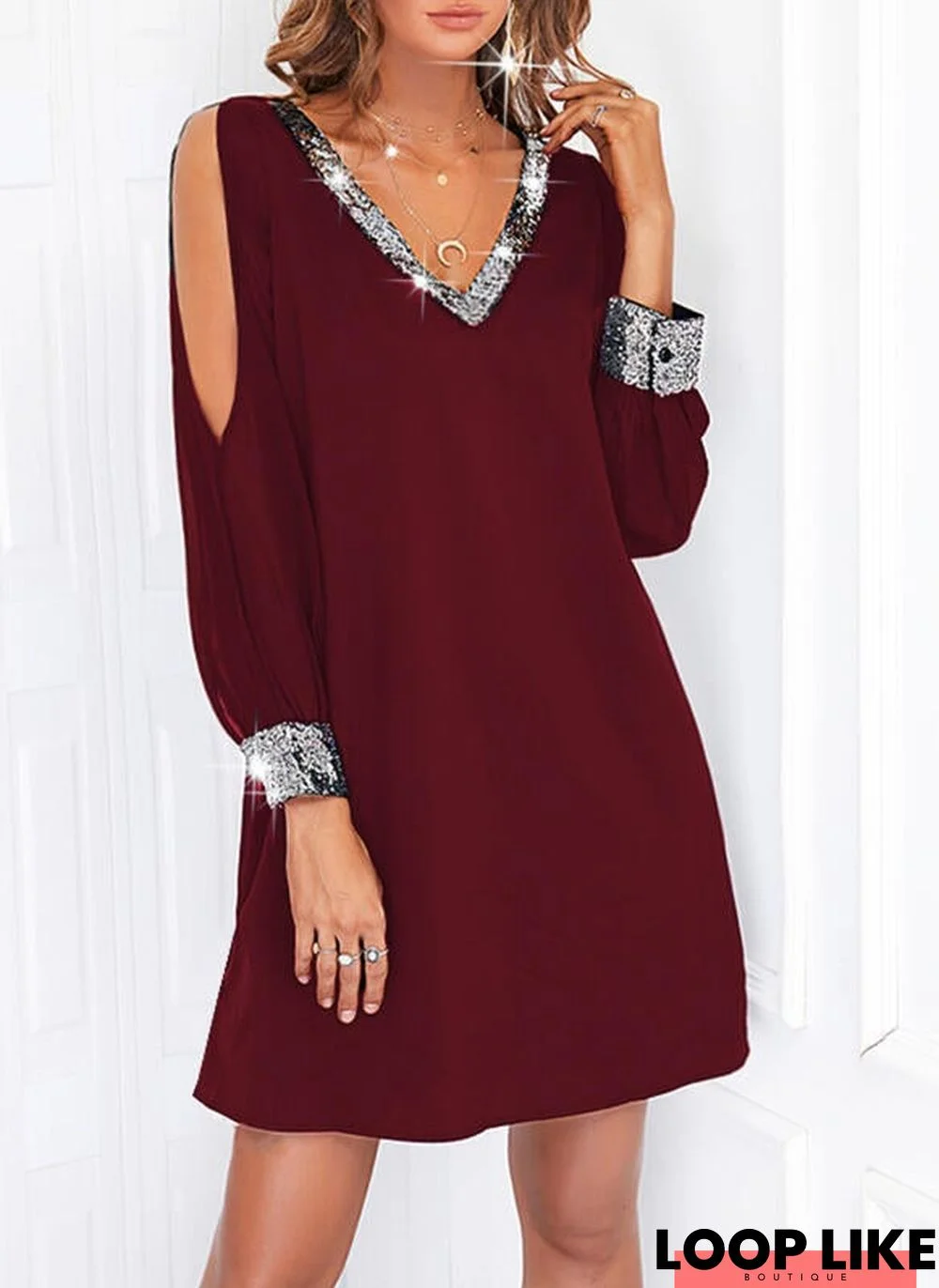 Contrast Sequined Chiffon Strapless Dress