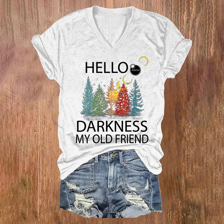 Comstylish Retro Hello Darkness My Old Friend 2024 Total Solar Eclipse Print V-Neck T-Shirt