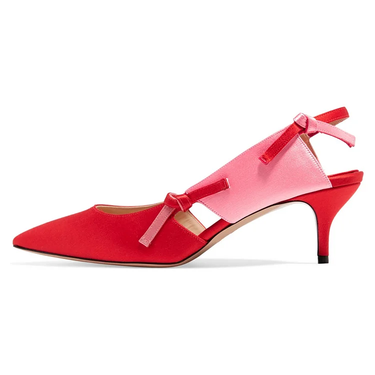 Red and Pink Tie Knot Satin Pointed Toe Low Heel Slingback Pumps |FSJ Shoes