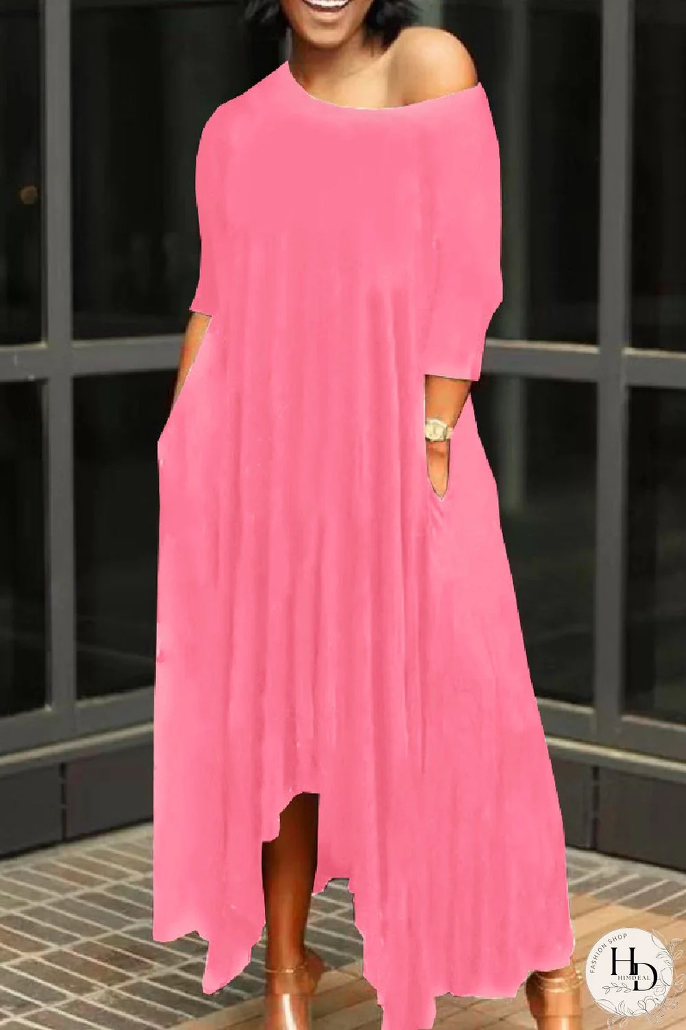 Pink Fashion Solid Asymmetrical Oblique Collar Long Dresses