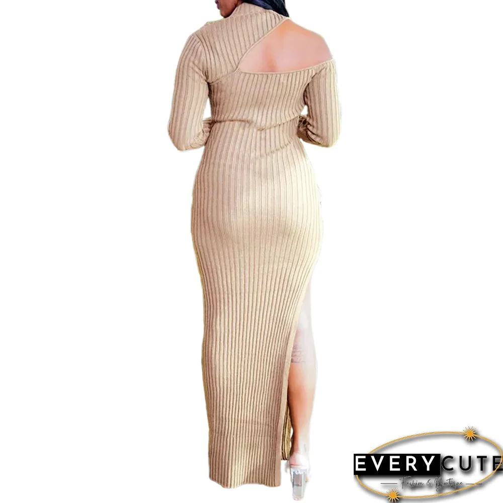 Khaki Ribbed Cut Out Side Split High Neck Maxi Dress