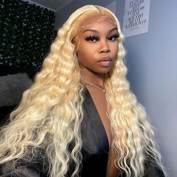 Junoda 613 Blonde Deep Wave Transparent Lace Front Wig Crimped 30inch Long Human Hair Wigs