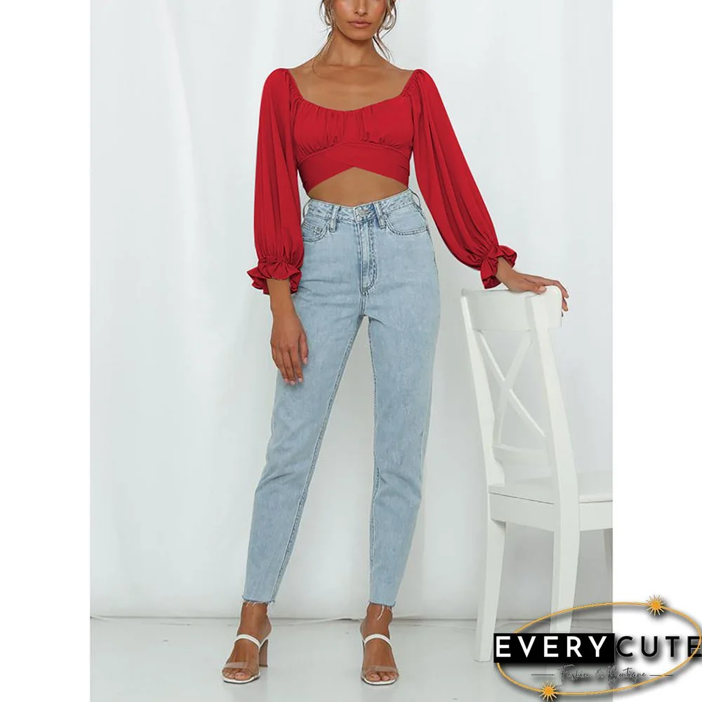 Red Long Sleeve Off Shoulder Crop Tops