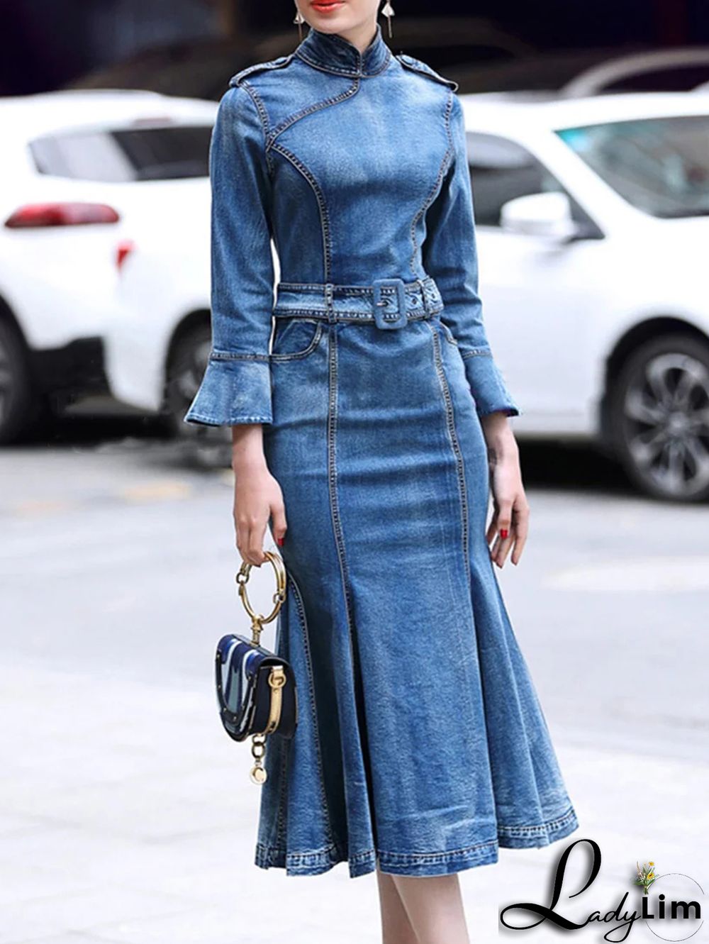 Casual Stand Collar Ruffle 3/4 Sleeve Denim Midi Dress