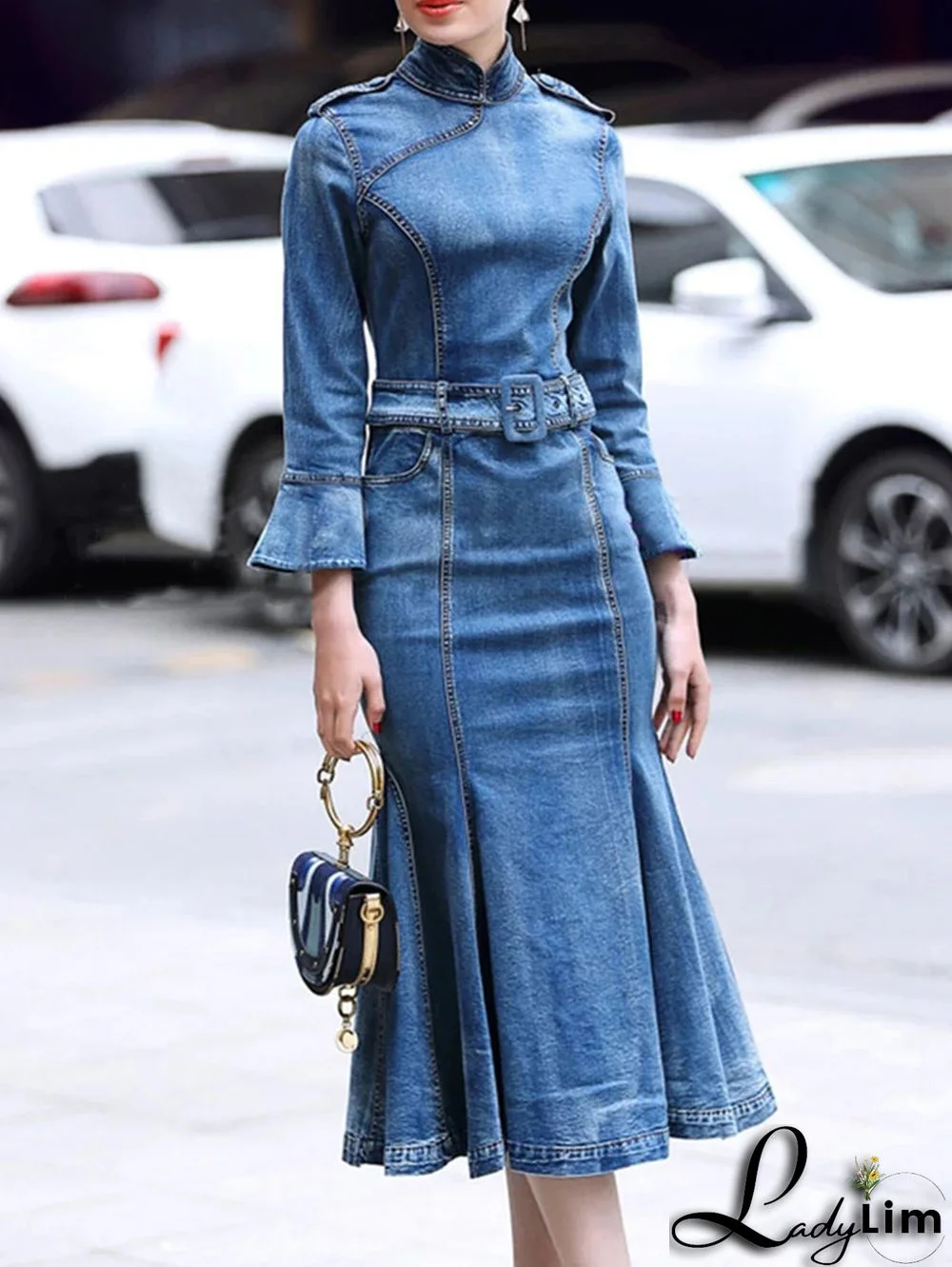 Casual Stand Collar Ruffle 3/4 Sleeve Denim Midi Dress