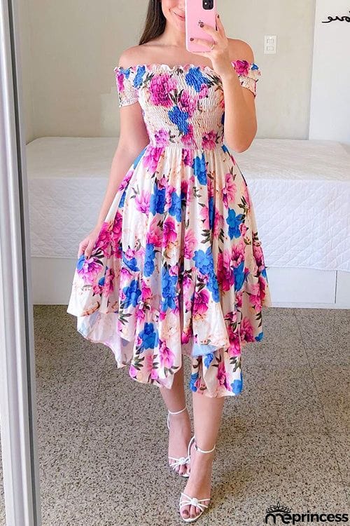 Shirred Bodice Off Shoulder Flap Asymmetric Dress