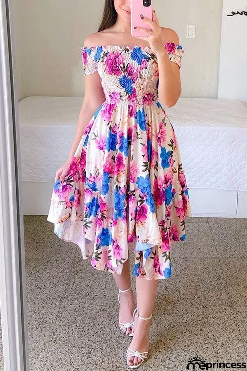 Shirred Bodice Off Shoulder Flap Asymmetric Dress