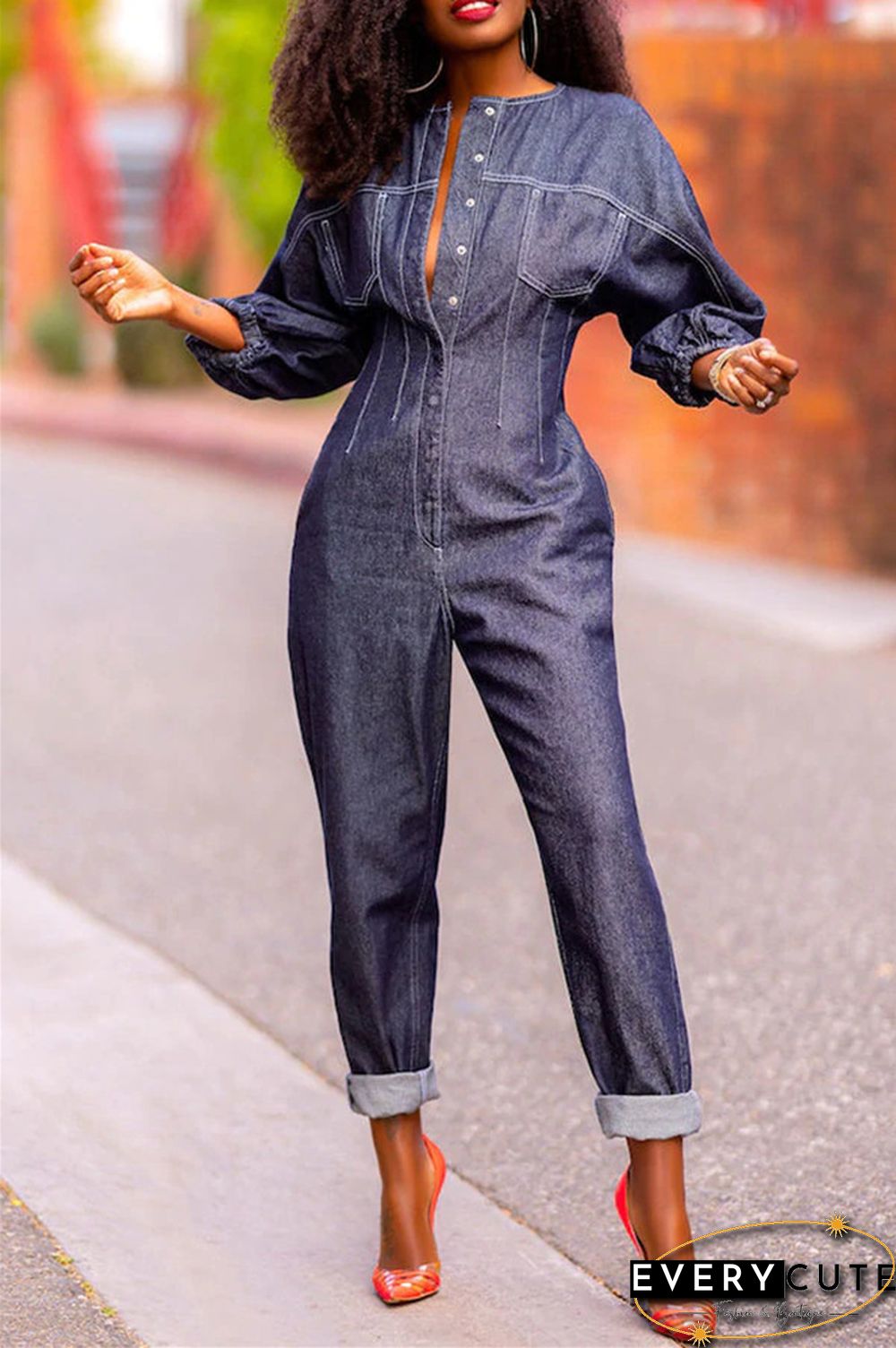 Long Sleeve Pocket Button Loose Denim Jumpsuit