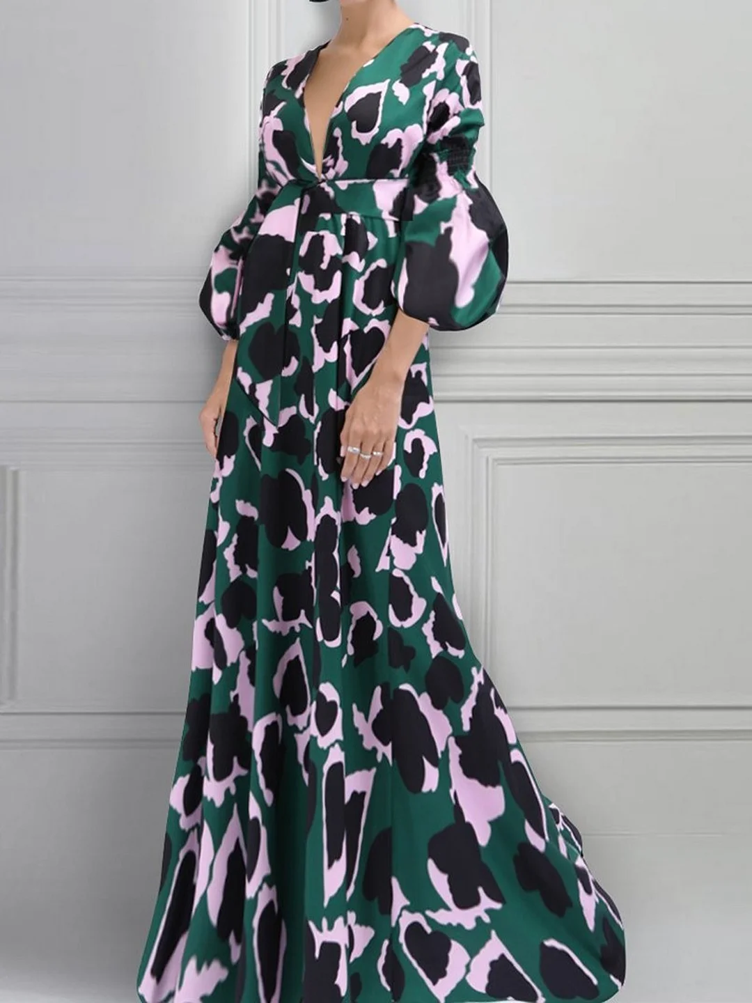 Deep V-Neck Green Summer Holiday Elegant Paneled Maxi Dress