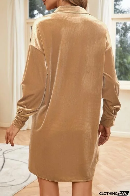 Button Up Long Sleeve Shirt Dress with Pocket