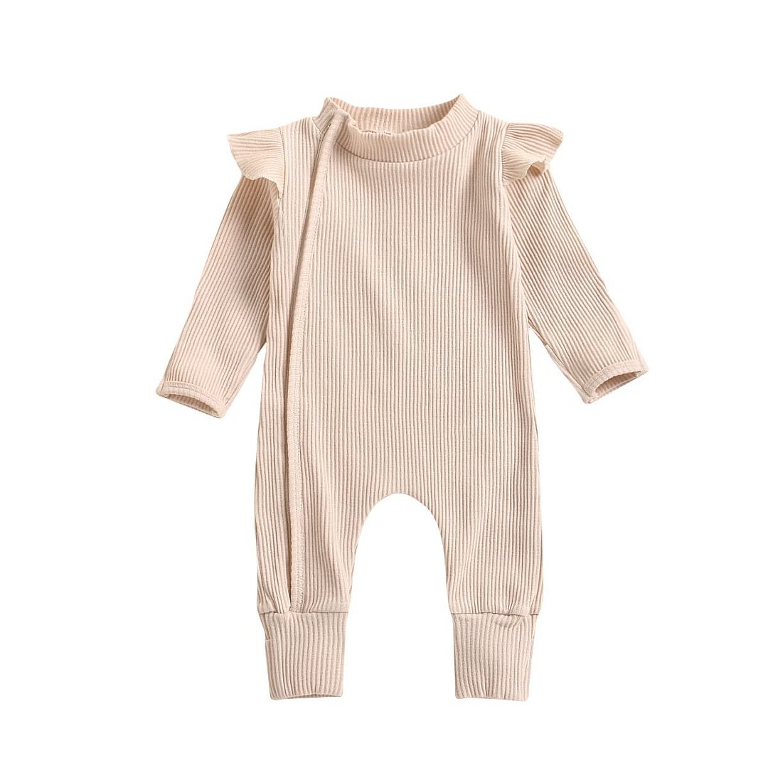 Newborn Baby Girls Boys Fly Long Sleeve Jumpsuit Autumn Fresh Solid Color One Piece Long Pants with Zipper Ribbed Romper