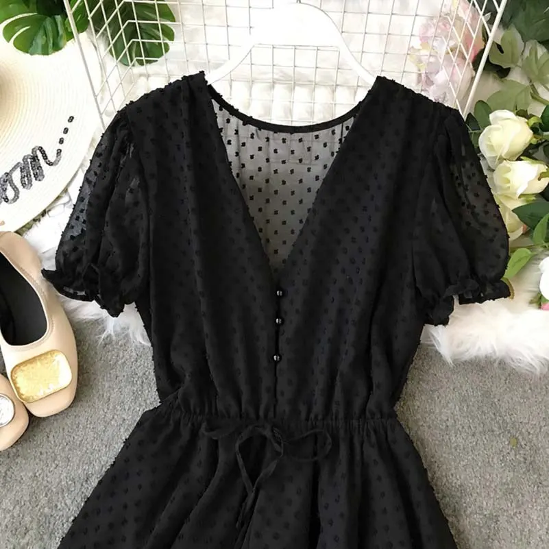 NiceMix Women Polka Dot Chiffon Overalls Sashes Korean Short Sleeve V Neck Beach Rompers Loose Casual Summer Wide Leg Playsuits