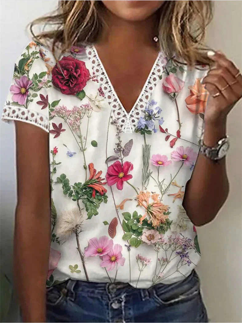 Women's Short Sleeve V Neck Flower Print Lace Casual Top T-Shirt