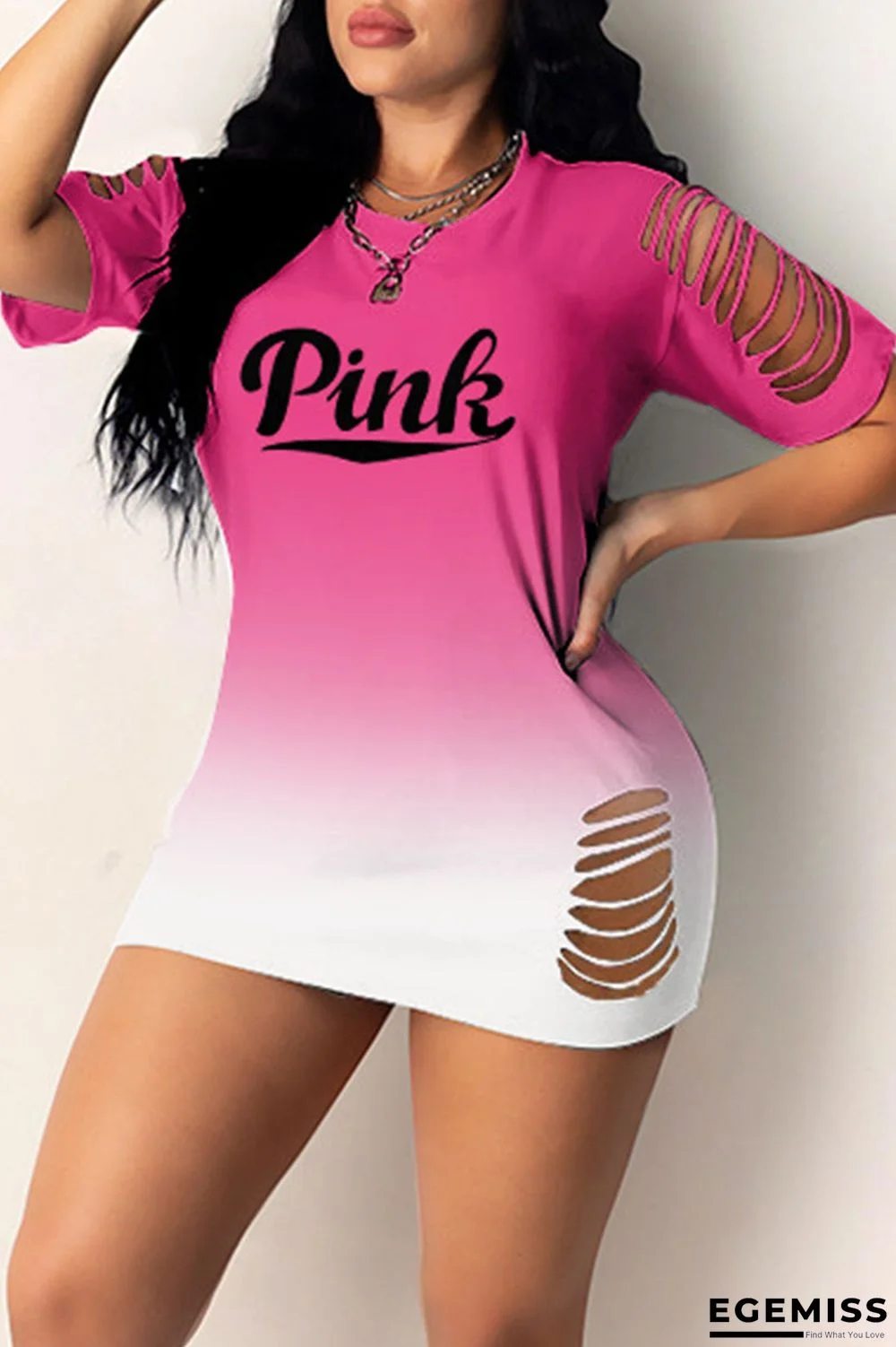 Pink Sexy Gradual Change Letter Ripped O Neck Wrapped Skirt Dresses | EGEMISS