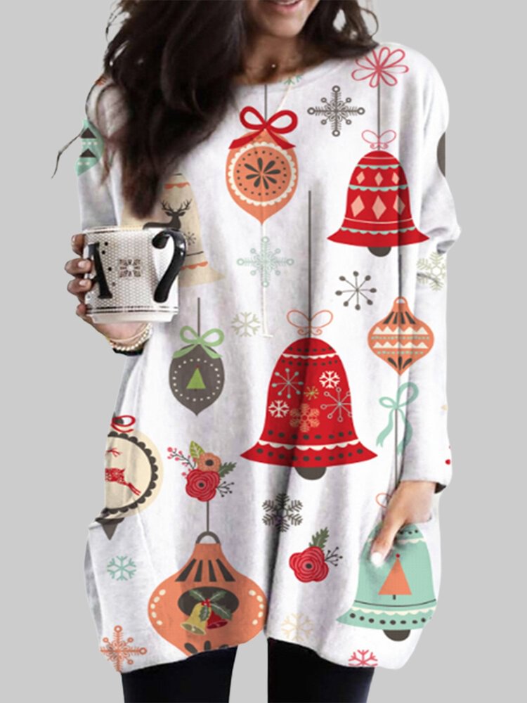 Christmas Bell Print Long Sleeves O neck Casual Blouse For Women P1766124
