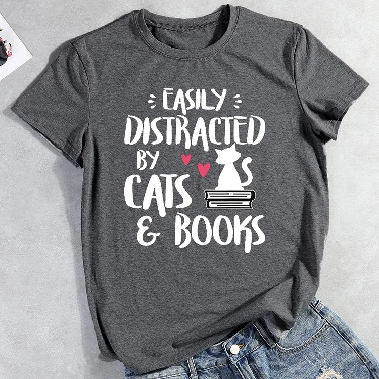 ANB - Easily Distracted By Cats And Books T-shirt Tee -01291